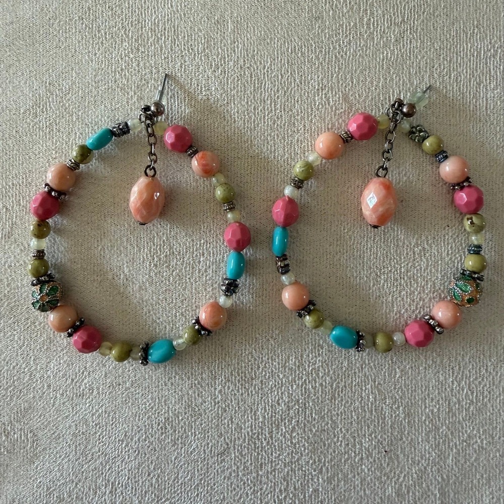 Colorful Beaded Boho Hoop Earrings w/ Dangle Accent